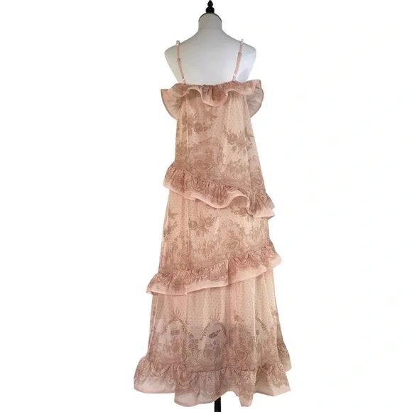 Stunning Designer Pink Chiffon Lace Pearl Maxi Dress